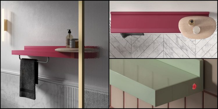 un radiateur étagère rouge dans une salle de bain