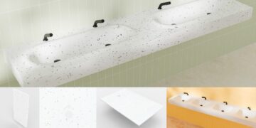 Lavabos, panneaux d'habillage, receveur de douche et séparateur d'urinoir en plastique recyclé Reniew, aspect terrazzo