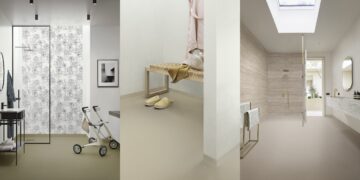Trois ambiances de salles de bains d'établissements de santé revêtues avec le système Sarlibain de Forbo