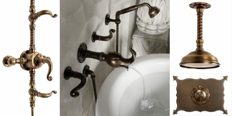 Luxueuses robinetteries de lavabo et de douche dont le bec dessine un éléphant