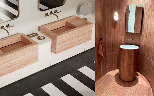 Deux exemples de lavabos en grès cérame imitant le travertin.