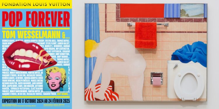 Affiche de l'exposition Tom Wesselmann à la Fondation Louis Vuitton et collage de Tom Wesselmann, Bathtub Collage #1, 1963. MMK, Museum für Moderne Kunst. ©Adagp, Paris, 2025. Crédit photographique : Courtesy Museum MMK für Moderne Kunst; ©Axel Schneider.